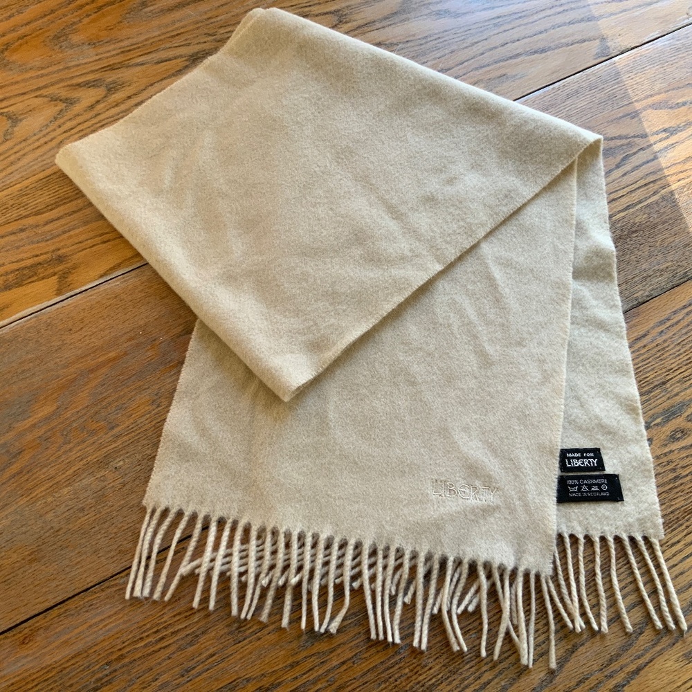 LIBERTY 100% cashmere ivory/bone fringed scarf/11.5”X 58”